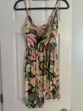 Roxy Tropical Floral Spaghetti Strap Dress in Pink, Green, Black, Cream